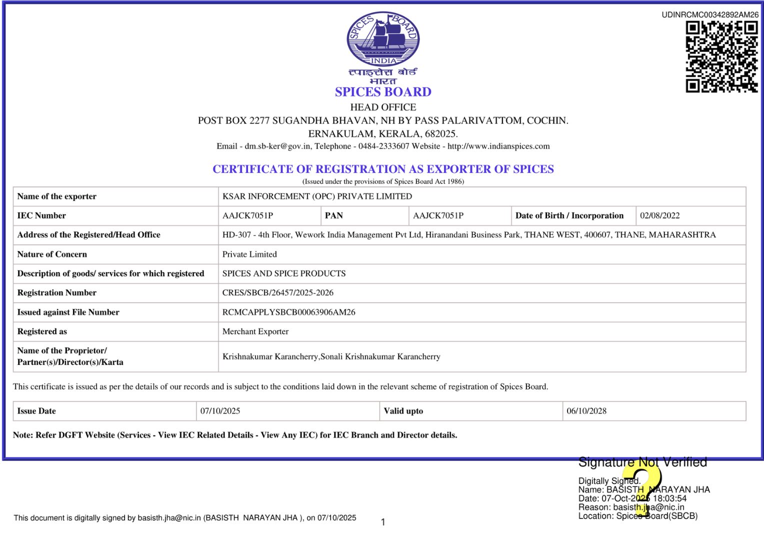Registration-cum Membership Certificate